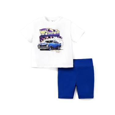 Imagem de PATPAT Conjunto de 2 peças de roupas para crianças meninas camiseta de manga curta top e estampa estampa ciclista shorts roupas de verão, Racing Blue, 4-5 Anos