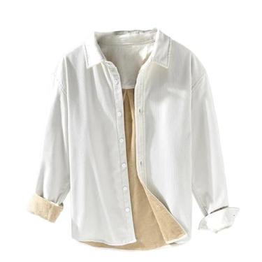 Imagem de Camisa de inverno masculina japonesa retrô de veludo cotelê de manga comprida casual quente camisa de lã lisa espessa versátil, Bege branco, M