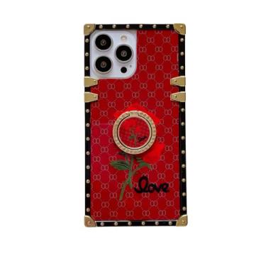Imagem de nincyee Capa quadrada para iPhone 13 Pro Max, espelho de luxo rosa flor leopardo sinos de vento impressão moda rua TPU patch case com anel de diamante suporte