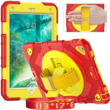 Imagem de Timecity Capa para iPad 6ª/5ª geração/iPad Air 2/Pro 9,7 polegadas - Capa protetora resistente com protetor de tela, suporte, alça de ombro e suporte para lápis | Adequado para crianças - Vermelho