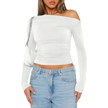 Imagem de LOMON Blusa feminina de manga comprida com ombros de fora para sair camiseta sexy primavera franzida roupas Y2K, Branco, GG