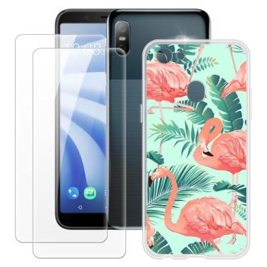 Imagem de MILEGOO Capa HTC U12 Life + 2 peças protetoras de tela de vidro temperado, capa de TPU de silicone macio à prova de choque para HTC U12 Life (6 polegadas) Flamingo