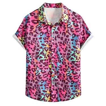 Imagem de Camiseta masculina de verão com estampa casual de manga curta moda praia casual material básico masculino, Rosa choque, G