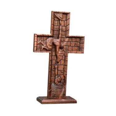 Imagem de Fenteer Crucifixo de madeira Jesus com base para decoração de mesa Cruz de parede, 35x20.5x2.5cm