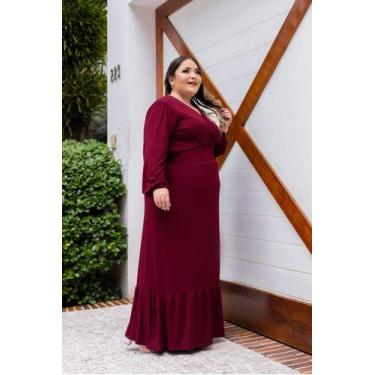 Imagem de Vestido Longo Plus Size Manga Longa Decote V Lastex Cintura - Luh May,