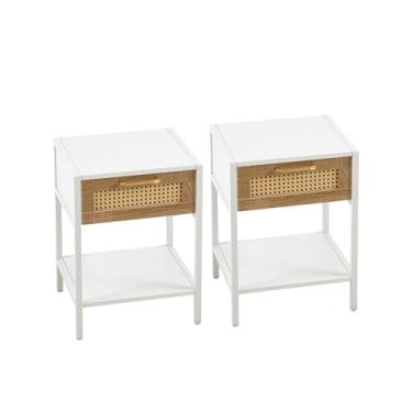 Imagem de SPOFLYINN Conjunto de mesa de cabeceira de vime de 39 cm retrô boho mesa de cabeceira com prateleira de armazenamento trilhos lisos gaveta branca 2 peças conjunto de tamanho único
