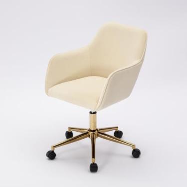 Imagem de SPOFLYINN Cadeira giratória moderna de veludo, altura ajustável, cadeira de escritório giratória de 360°, poltrona de cômoda estofada cosmética com pés e encosto de metal, móveis de quarto bege