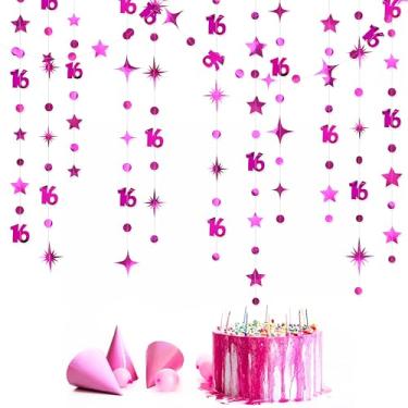 Imagem de pinkblume Número Rosa Choque 16 Círculo Ponto Cintilante Estrela Guirlanda Pendurado Streamer Bunting Banner Pano de Fundo Decorações para Meninas Feliz 16º Aniversário Doce Dezesseis 16º Aniversário