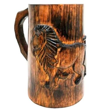 Imagem de collectiblesBuy Caneca de café de madeira esculpida à mão com design de leão marrom antigo caneca de café rústica caneca para beber chá vinho cerveja com alça para homens, acampamento, viagem, ao ar