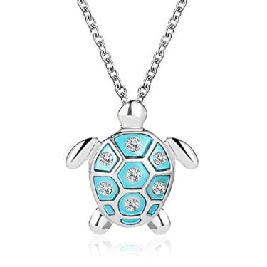 Imagem de YienDoo Colar de tartaruga gargantilha de prata pingente de tartaruga colar corrente de cristal azul colar charme animal bonito joias de cristal presente para mulheres meninas