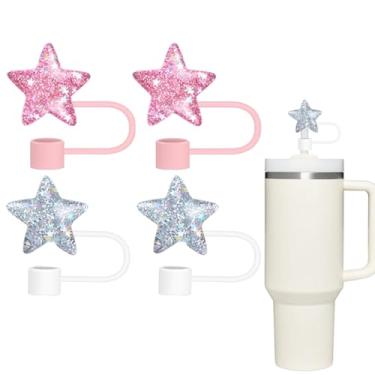 Imagem de Conjunto de 4 peças de topo de palha brilhante rosa e branco, tampas de palha em forma de estrela de 10 mm compatível com copos Stanley Copo de 30 e 1,134 g com alça, tampas de canudo de silicone