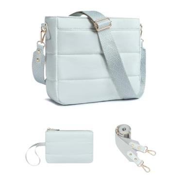 Imagem de Bolsas femininas para mulheres, 2 peças, acolchoadas, de ombro transversal, Hobo, bolsa feminina moderna com carteira de moedas, 2 alças ajustáveis, Azul claro