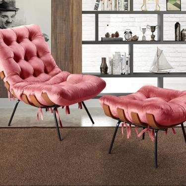 Imagem de Poltrona Costela Com Puff Base Fixa Para Sala, Quarto Rosa