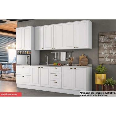 Imagem de Kit Cozinha Completa Americana 10 Portas 5 Gavetas MDF Branco com Tampo 6 Módulos