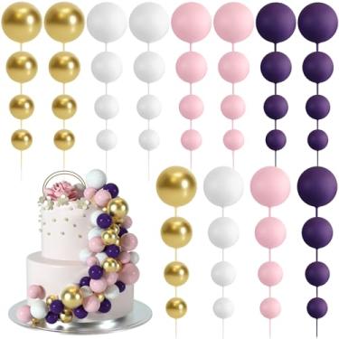 Imagem de BOUBONI 48 peças de enfeite de bolo, enfeites de bolo, topos de cupcake de espuma, bolas de bolo, decorações para festa de aniversário, casamento, aniversário, decoração de bolo (rosa, roxo, branco,