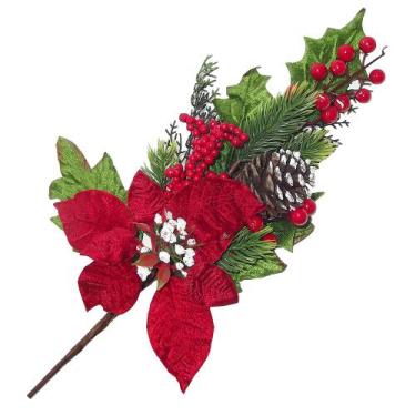 Imagem de Enfeite decorativo galho c/ flor e pinha 48cm - Niazitex, VERMELHO