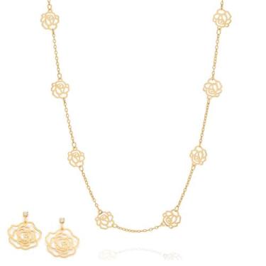 Imagem de Presente Feminino Rommanel Kit Colar + Brincos Rosas Vazadas Banhado O