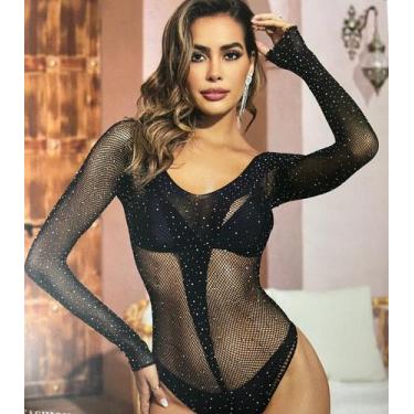 Imagem de Mini vestido body lingerie sexy arrastão com strass sensual - PINK BAB