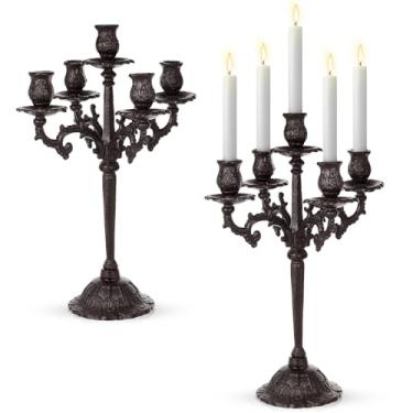 Imagem de Mumufy 2 peças, 5 braços, candelabro preto, 42,4 cm de altura, castiçal de ferro fundido vintage, suporte de velas góticas, suportes de mesa decorativos, centros de mesa para Halloween, casamento