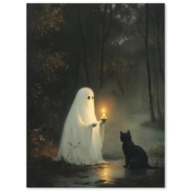 Imagem de Pôster de terror Halloween bonito segurando vela fantasma arte de parede gótica escura academia preta pintura em tela para galeria sala de estar quarto decoração de parede 30,5 x 40,6 cm sem moldura