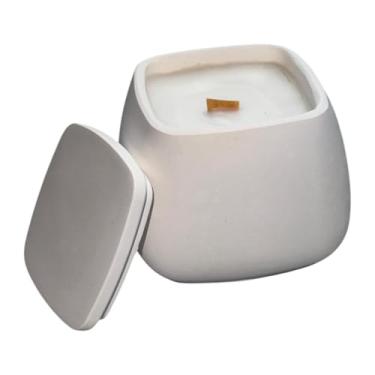 Imagem de Generic Castiçal de cerâmica branca moderna com vela perfumada de baunilha, pavio de madeira natural, recipiente decorativo reutilizável (cubo)