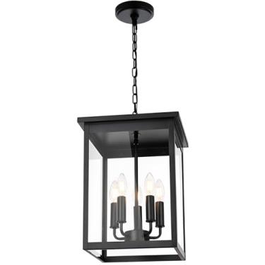 Imagem de QueeuQ Luminária pendente externa com 5 luzes, lustre externo preto, luminária suspensa externa, suporte de teto com gaiola de vidro transparente, lanterna pendurada, luz ajustável para corredor