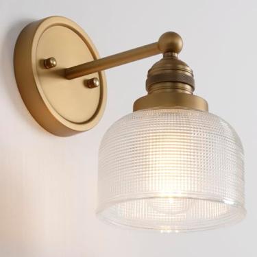 Imagem de Teqinchy Arandelas de parede douradas, luminária vintage para banheiro com vidro transparente soprando à mão luz minimalista de latão para banheiro espelho sala de estar quarto cozinha E26 fio rígido