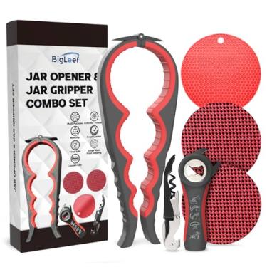 Imagem de Abridor de jarra para mãos fracas com abridor de garrafa 5 em 1, abridor de vinho saca-rolhas, almofada de garra de pote firme e 2 tapetes de borracha antiderrapantes, conjunto de ferramentas de