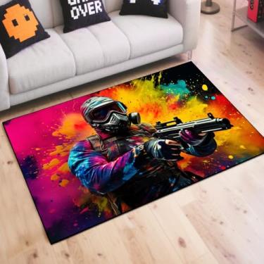 Imagem de Tapete de área de jogos de tiro para meninos adolescentes, tapete de jogo de batalha e fundo de bomba colorida design de guerra para sala de jogos, sala de jogos de meninos e meninas, sala de estar