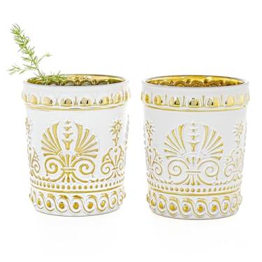 Imagem de Sungmor Conjunto de 2 copos vintage em relevo - copos brancos e dourados, copos decorativos de 293 ml para coquetéis, água ou suco - Vidro estilo barroco antigo