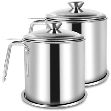 Imagem de Pote de filtro de óleo, lata de armazenamento de óleo de aço inoxidável de 1,8 L com filtro e tampa à prova de poeira reutilizável com filtro de boca larga para economia de gordura