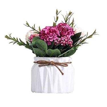 Imagem de DCYEQRQ Conjunto de flores artificiais em vaso de flores artificiais flores falsas vaso de corda de cânhamo de cerâmica flor de seda planta artificial vaso para casa decoração de casamento planta