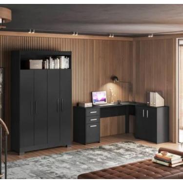 Imagem de Kit para Escritório com 1 Mesa de Canto e Armário Multiuso 4 Portas co