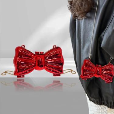 Imagem de Mini bolsa de noite feminina brilhante estruturada com alça de corrente, bolsa de ombro moderna com laço estrela para casamento, Vermelho