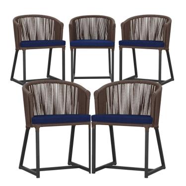 Imagem de 5 Cadeiras De Jantar Noronha Preta Corda Náutica E10 Trama Marrom