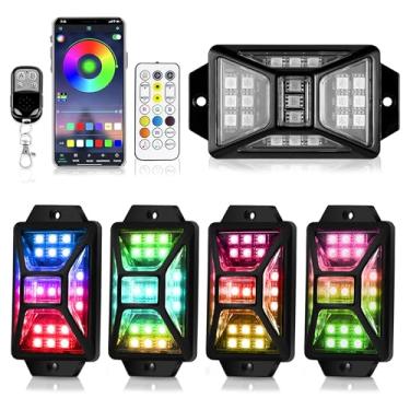 Imagem de 4 unidades de luzes de rock RGB de ângulo total compatíveis com caminhões de 12 V Jeep UTV SUV ATV Barco, carrinho de golfe, impermeável, multicolorido, controle remoto, luzes LED Rock com modo de