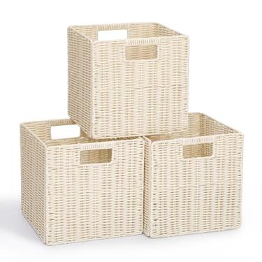 Imagem de TAIMEI&G02 Cestas de vime de plástico para armazenamento de cubos, cesta quadrada dobrável de vime, cubo de armazenamento de vime, cestas quadradas para prateleiras (pacote com 3)