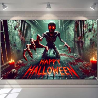 Imagem de BlissYard Banner de parede de monstro sangrento de Halloween 188 x 109 cm, decoração de esqueleto rastejando para casa assombrada, decoração de corredor de prisão assustadora, festa, ambientes
