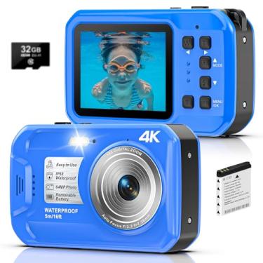 Imagem de Câmera subaquática de 64 MP 4K com tela IPS HD e zoom digital de 16X, à prova d'água e flutuante, foco automático, inclui cartão de 32 GB