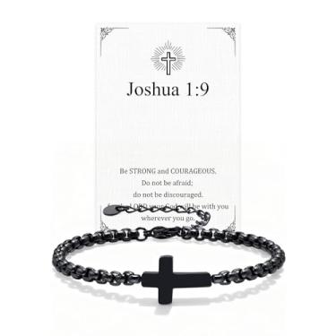 Imagem de FLHEART Presente para homens pulseiras de corrente cruzada para homens e mulheres, pulseira masculina preta de aço inoxidável, fé religiosa Páscoa católica cristã Deus Jesus comunhão batismo joias