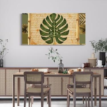 Imagem de Arte de parede de folha de palmeira para sala de estar, folhas verdes planta bege xadrez decoração de parede retrô grade patchwork natureza arte pôsteres moda pintura de parede, 96 cm C x 48 cm L
