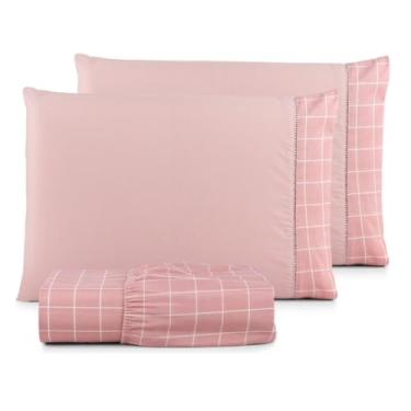 Imagem de Jogo de Lençol Casal Padrão 3 Peças Percal 180 Fios 90% Algodão com Elástico em Toda a Volta e Acabamento Refinado – Conforto, Durabilidade e Estilo (GRID ROSA)