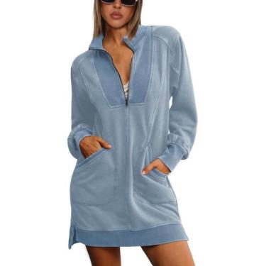 Imagem de Vestido de moletom Tomosc com meio zíper para mulheres, azul-cinza, ta