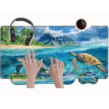 Imagem de Tapete de rato de tartaruga marinha e teclado descanso de pulso conjunto de tapete de mesa japonês para jogos com suporte de pulso XXL tapete de computador 80 cm x 40 cm tapete de rato decoração de