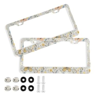 Imagem de SEHANY Molduras de placa de licença de flores florais coloridas, capas de moldura de placa de carro de alumínio à prova de ferrugem com orifícios elípticos e parafusos serve para veículos padrão dos