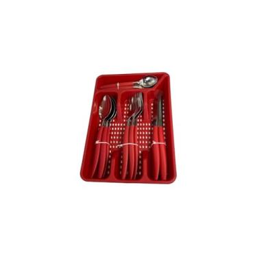 Imagem de Conjunto de Talheres, 17 Peças, Vermelho, Inox e Plástico, com Porta Talher, Colher de Mesa, Garfo, Faca, Colher Sobremesa