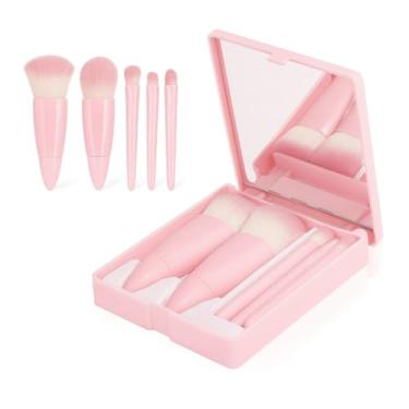 Imagem de Kit 5 Pincéis de Maquiagem com Estojo e Espelho Portátil Possui Cerdas Macias Ideiais para Base, Pó, Blush, Sombras e Corretivo, Perfeito para Levar na Bolsa e em Viagens (6 UNIDADES)