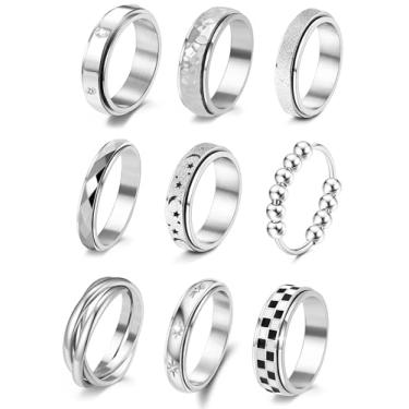Imagem de FEYIR 9 Pcs Fidget Anxiety Rings for Women Men Stainless Steel Spinner Anti Anxiety Ring Spinning CZ Band Beaded Checkered Ring Stress Relieveing Rings Set