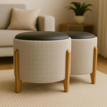 Imagem de Kit 2 Puffs Decorativos Redondos Luxo Elegance – Puff Banqueta para Sala, Quarto e Escritório(Bege/Marrom)