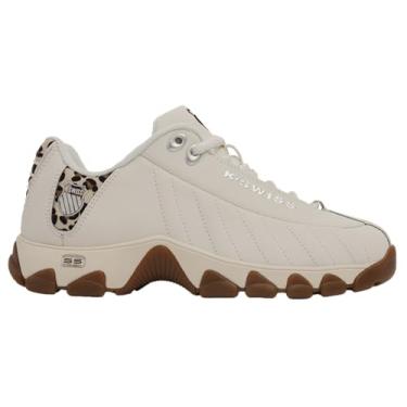Imagem de K-Swiss Tênis feminino ST329 CMF, tênis largo de couro para caminhada, Branco neve/leopardo/chiclete, 38